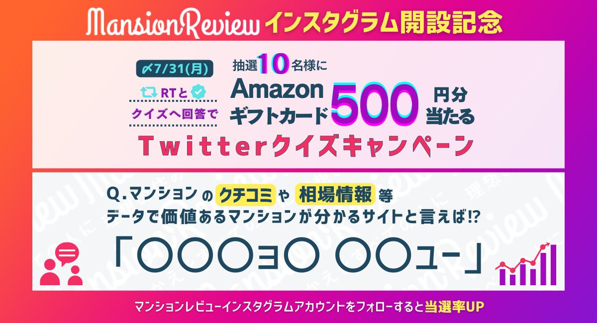 「マンションレビュー」公式TwitterにてInstagram開設を記念したクイズキャンペーン開催中
―抽選で10名にAmazonギフトカード500円分を進呈 インスタフォローで当選確率UP―